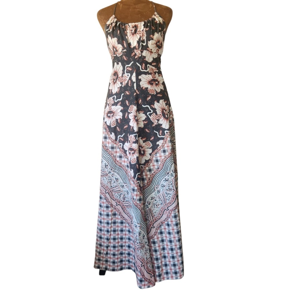 60s 70s Vintage Shawn Originals Maxi Dress Mixed Print Hippie Retro Size S